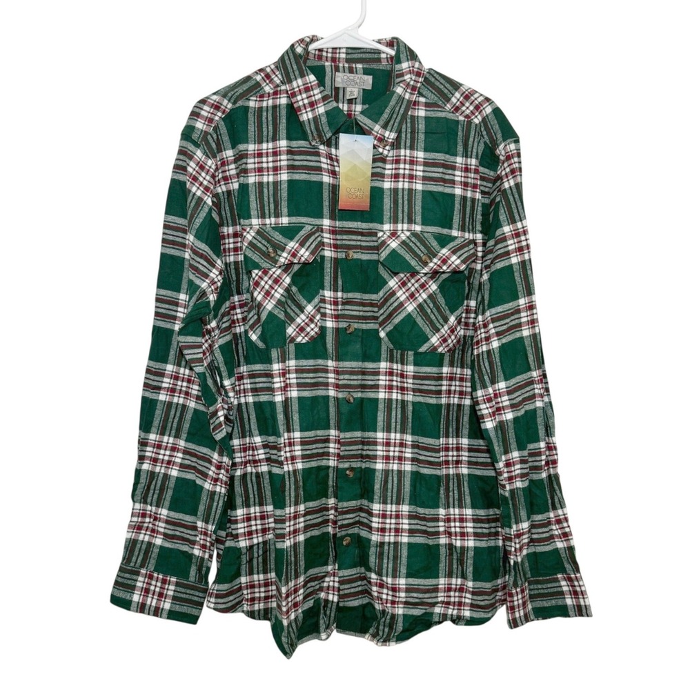 Ocean Coast Mens Green Plaid Flannel Button Down Shirt Long Sleeve Cotton Large
